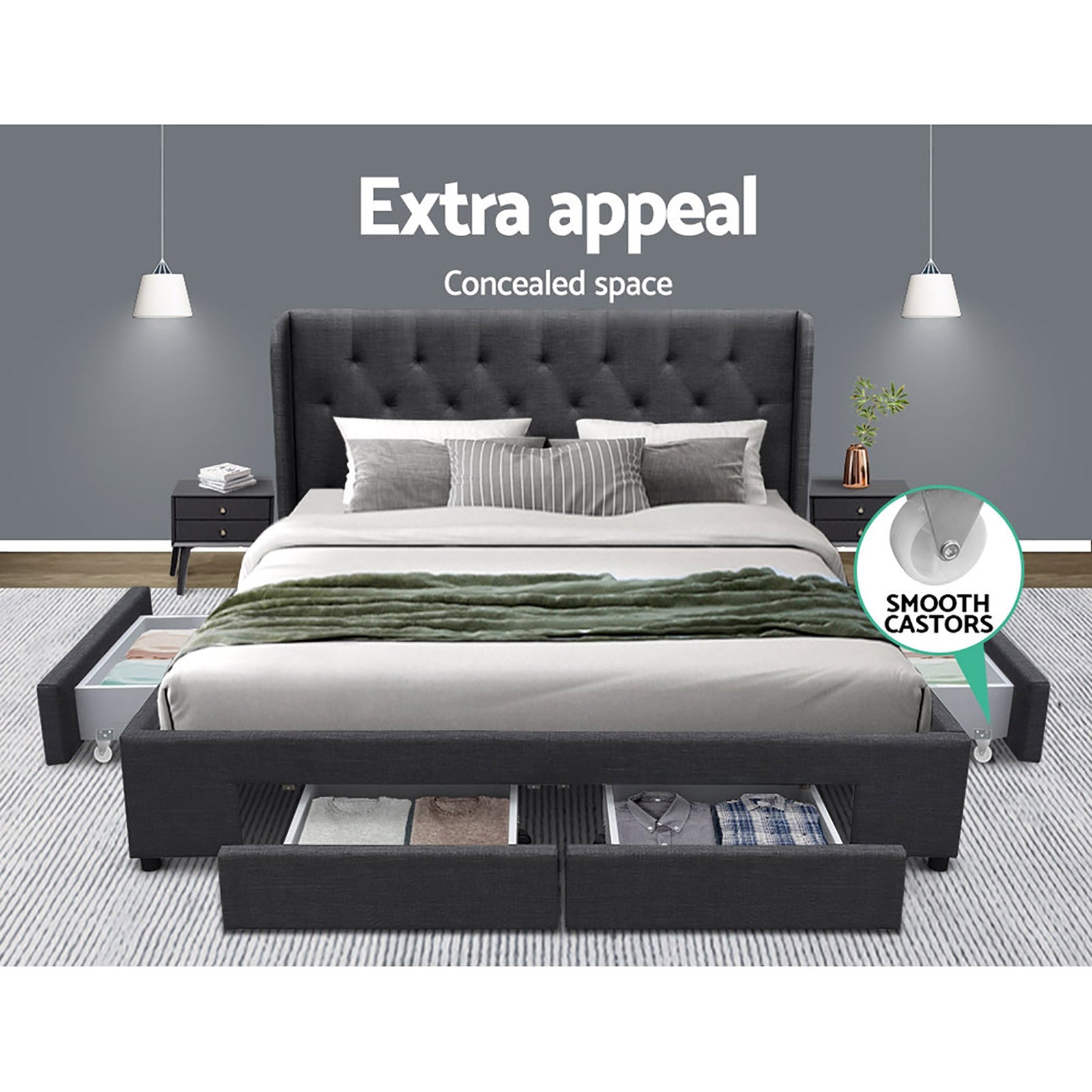 Bed Frame King Size With 4 Drawers Charcoal Mila