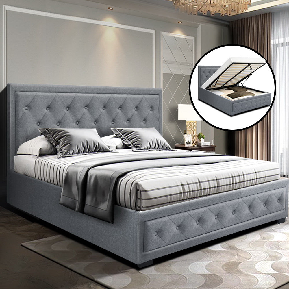 Bed Frame Queen Size Gas Lift Grey Tiyo