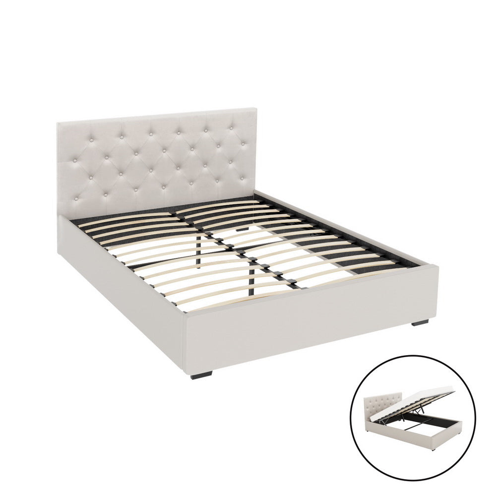 Bed Frame Queen Size Gas Lift Beige VILA