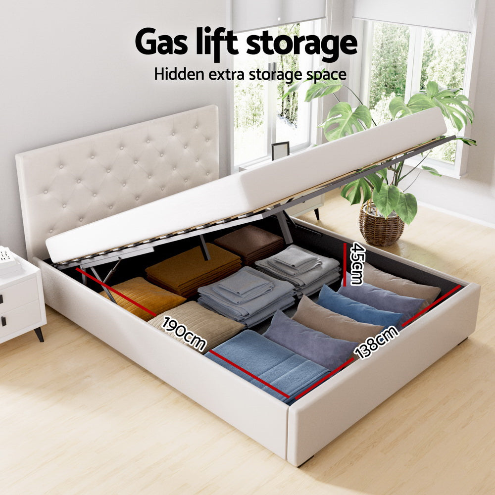 Bed Frame Queen Size Gas Lift Beige VILA