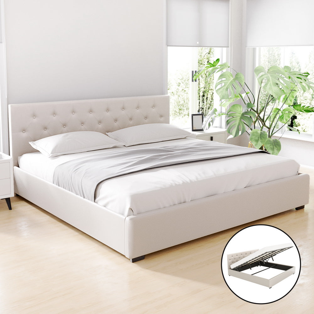 Bed Frame King Size Gas Lift Beige VILA