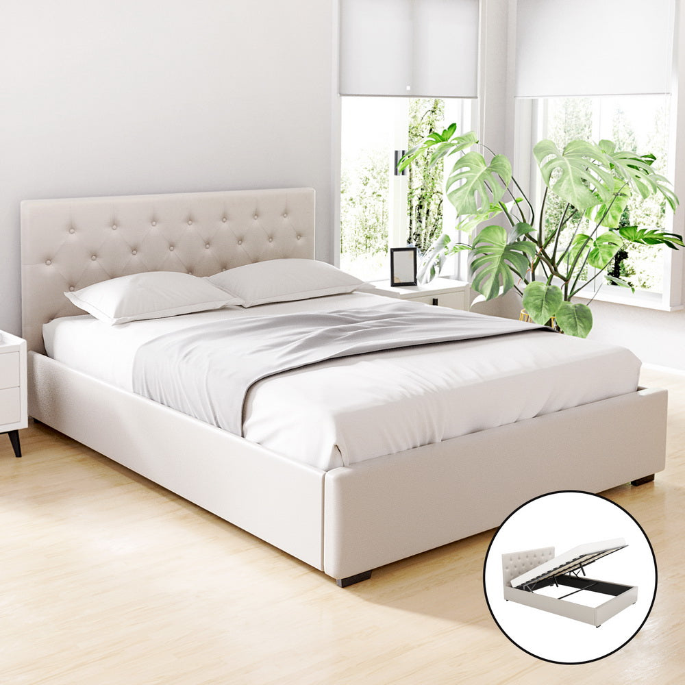 Bed Frame Queen Size Gas Lift Beige VILA