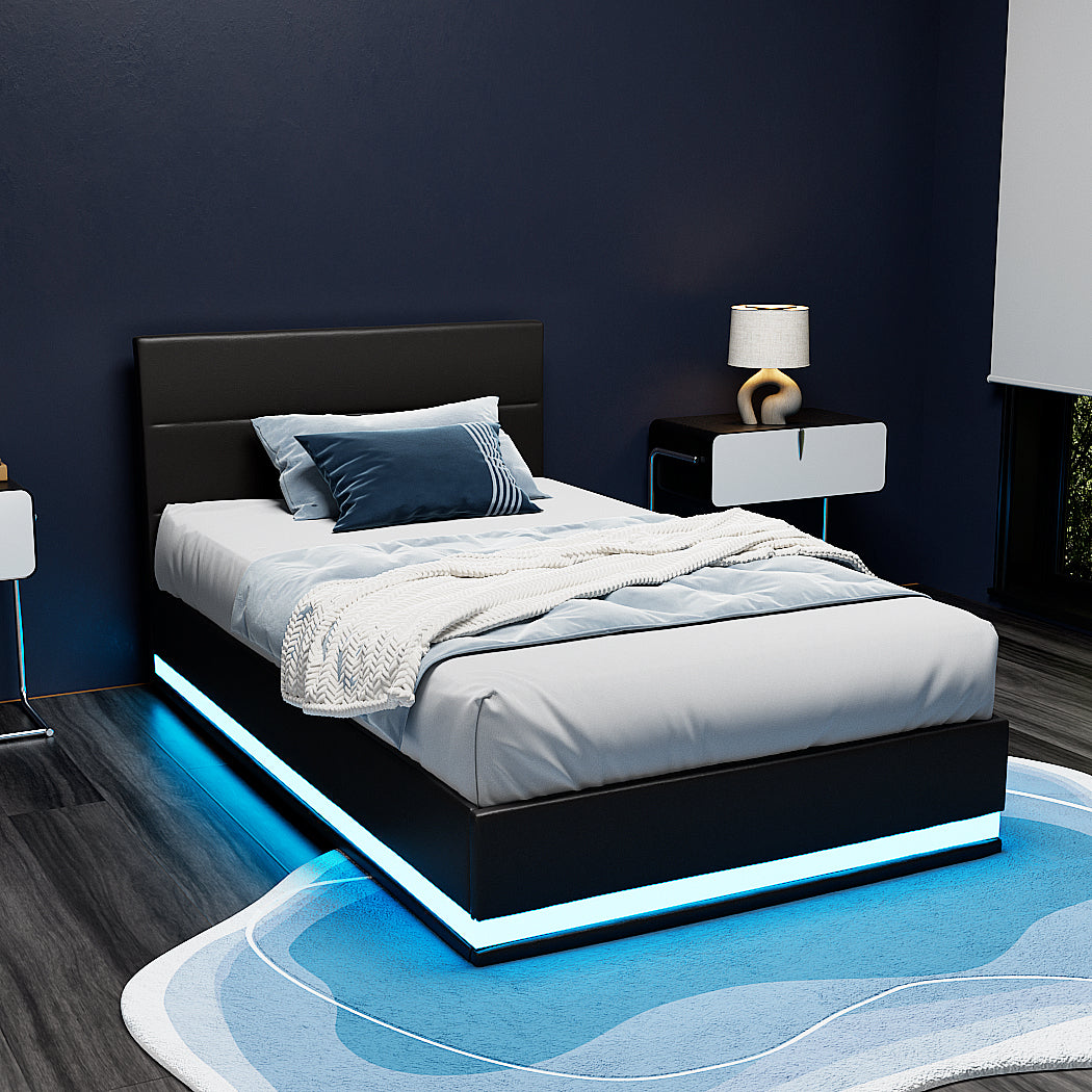 Bed Frame King Single Size Led Gas Lift Black Lumi