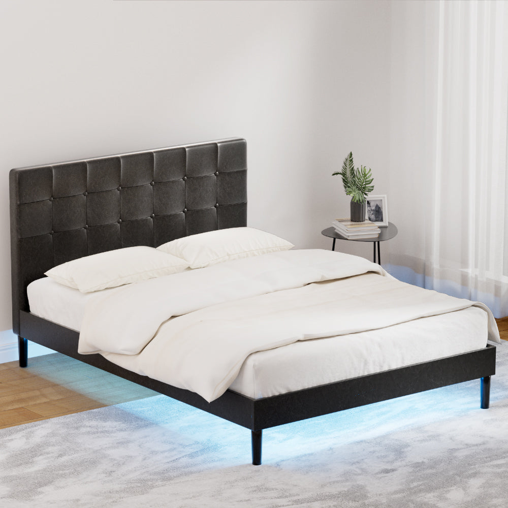 Black Leather Bed Frame with LED Lights and Charge Ports by RAVI