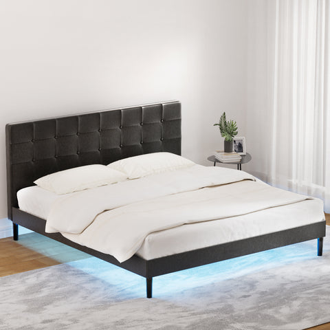 Black Leather Bed Frame with LED Lights and Charge Ports by RAVI