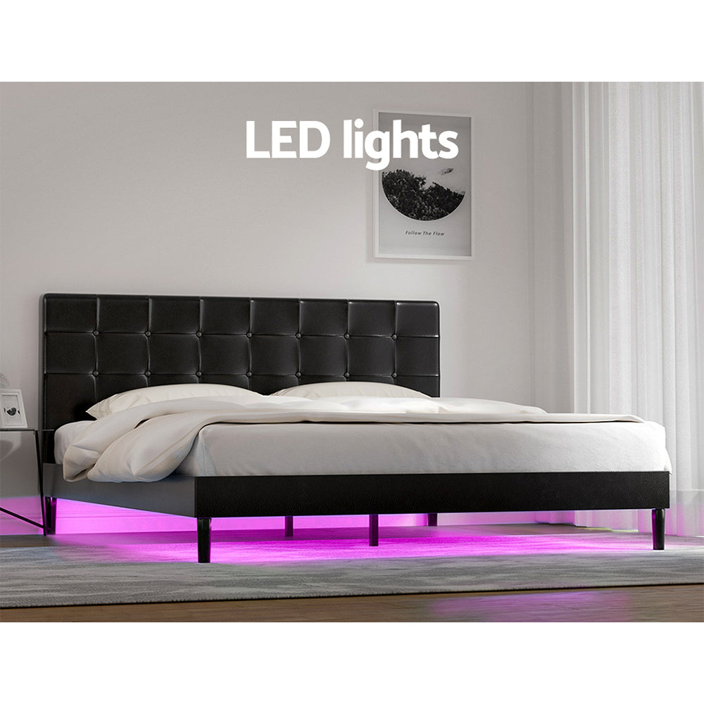 Black Leather Bed Frame with LED Lights and Charge Ports by RAVI