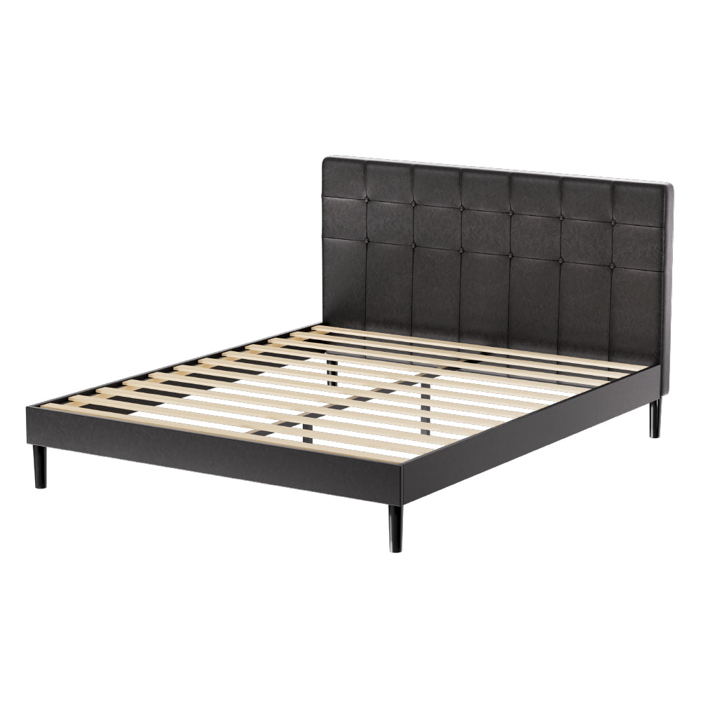 Black Leather Bed Frame with LED Lights and Charge Ports by RAVI