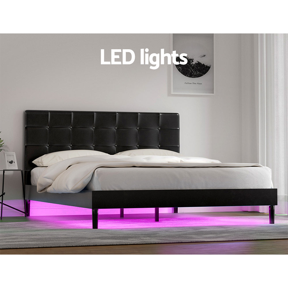 Black Leather Bed Frame with LED Lights and Charge Ports by RAVI