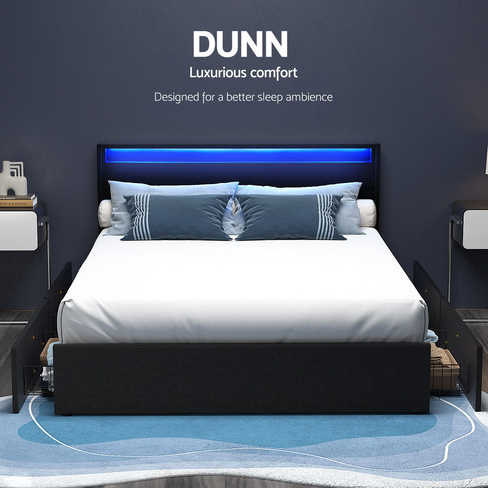 Bed Frame Double Size Led With 4 Drawers Black Dunn