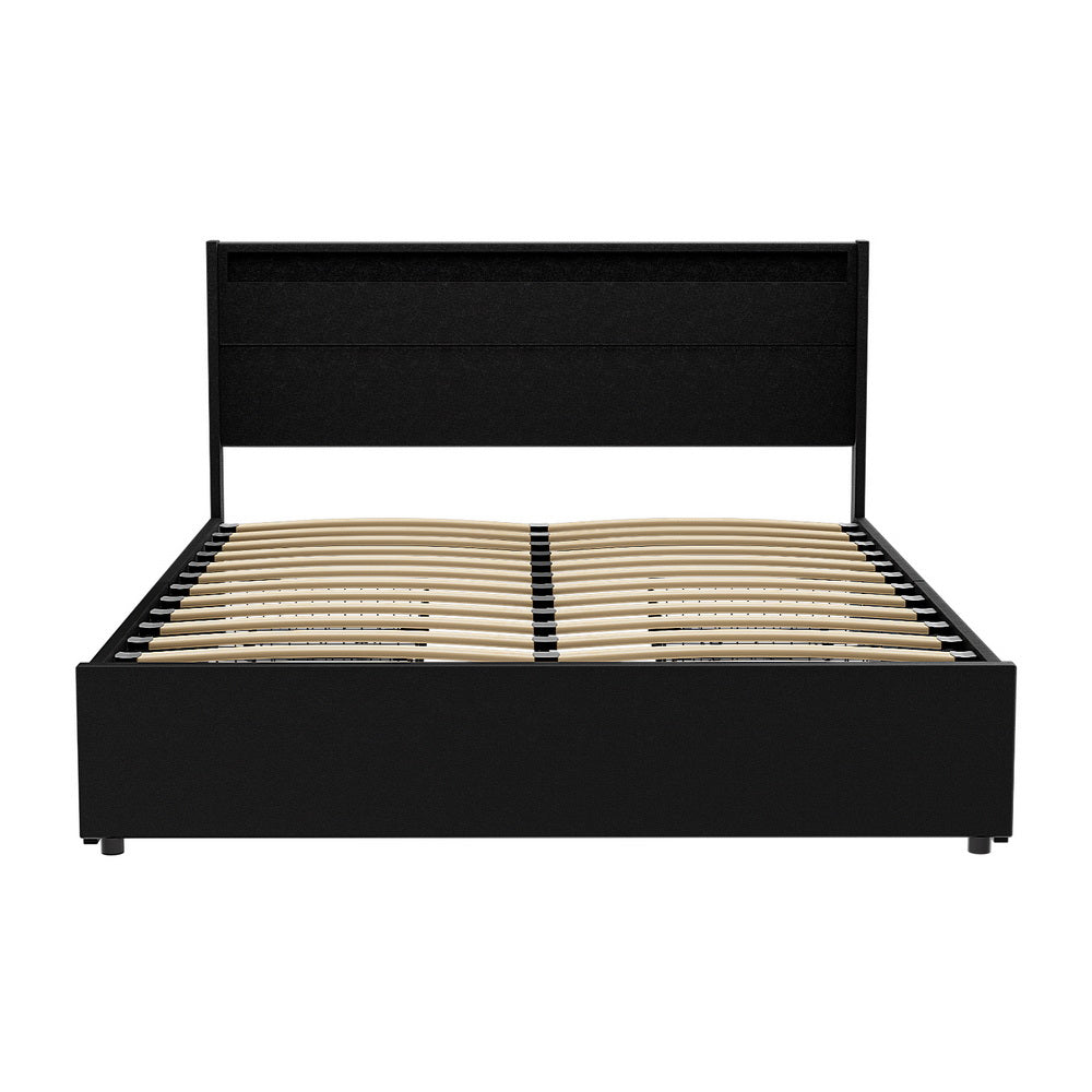 Bed Frame Double Size Led With 4 Drawers Black Dunn