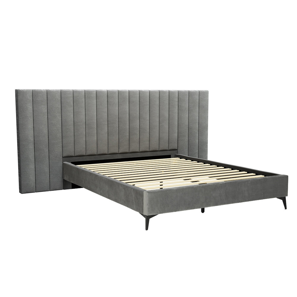 Velvet Fabric Grey Bed Frame with Oversized Headboard