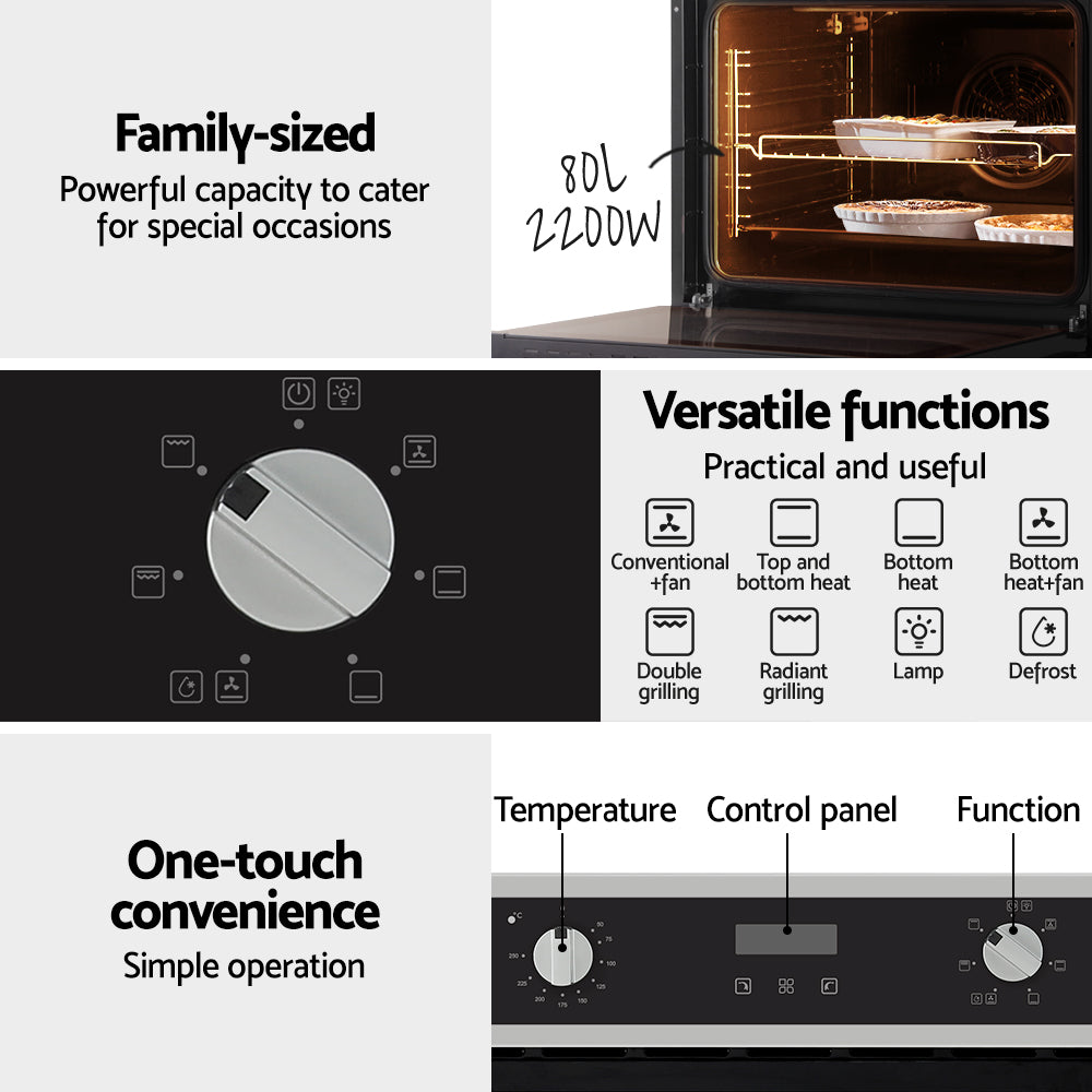 Electric Built In Wall Oven 80L Convection Grill Ovens Stainless Steel