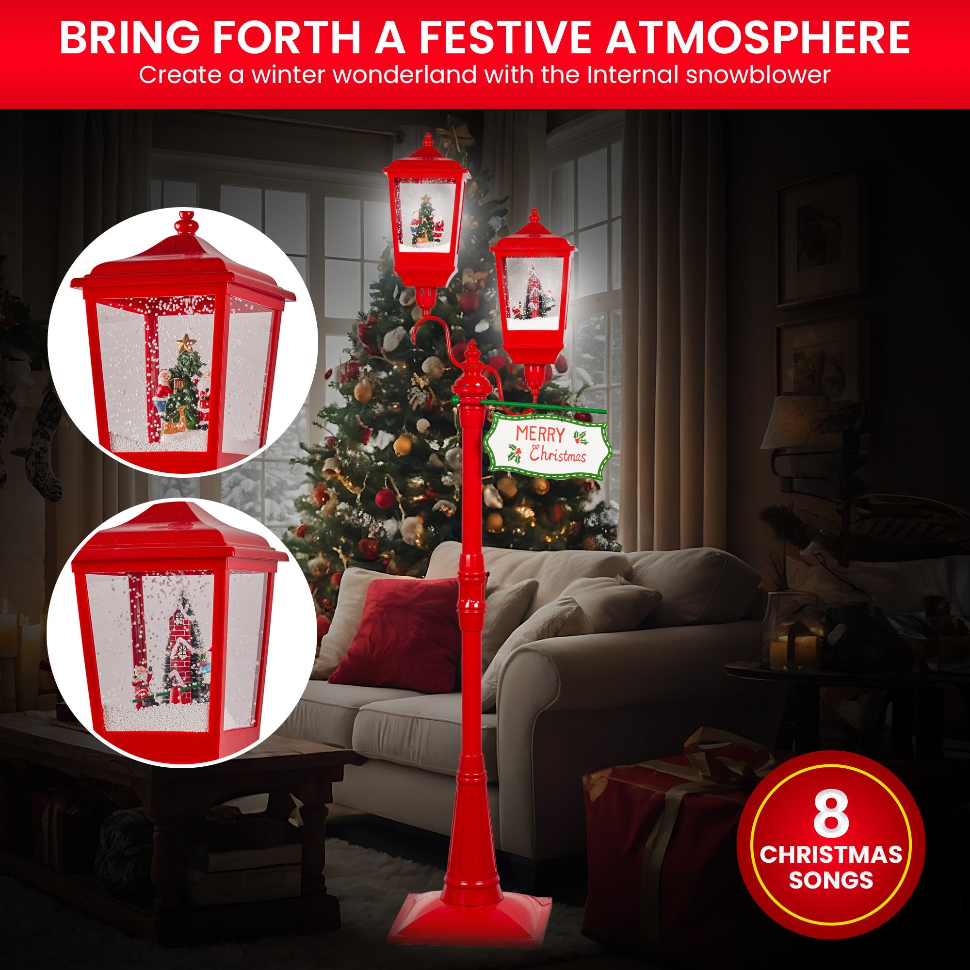 Christmas Lamp Post with Lights Music & Snow - Red 195cm