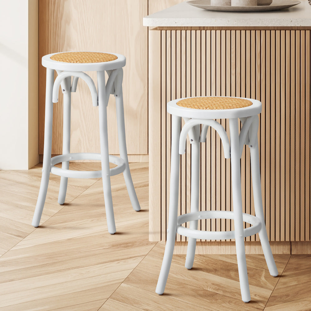 2x Bar Stools Dining Chair Rattan Seat White