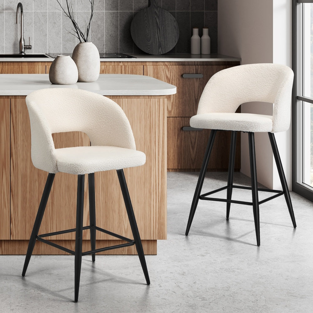 2x Bar Stools Kitchen Dining Chair Boucle White SURA