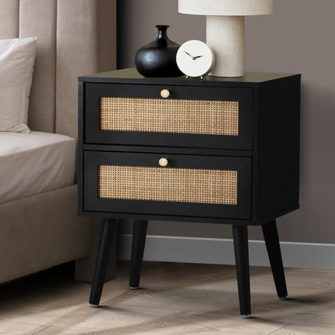 Bedside Table 2 Drawers Storage Cabinet Rattan