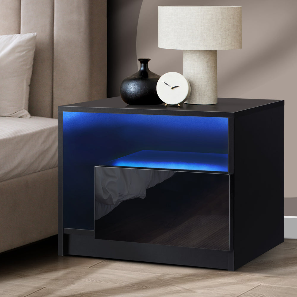 Bedside Tables RGB LED Side Table Drawers High Gloss Nightstand