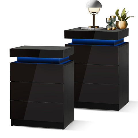 Bedside Tables Set of 2 LED Nightstand Black