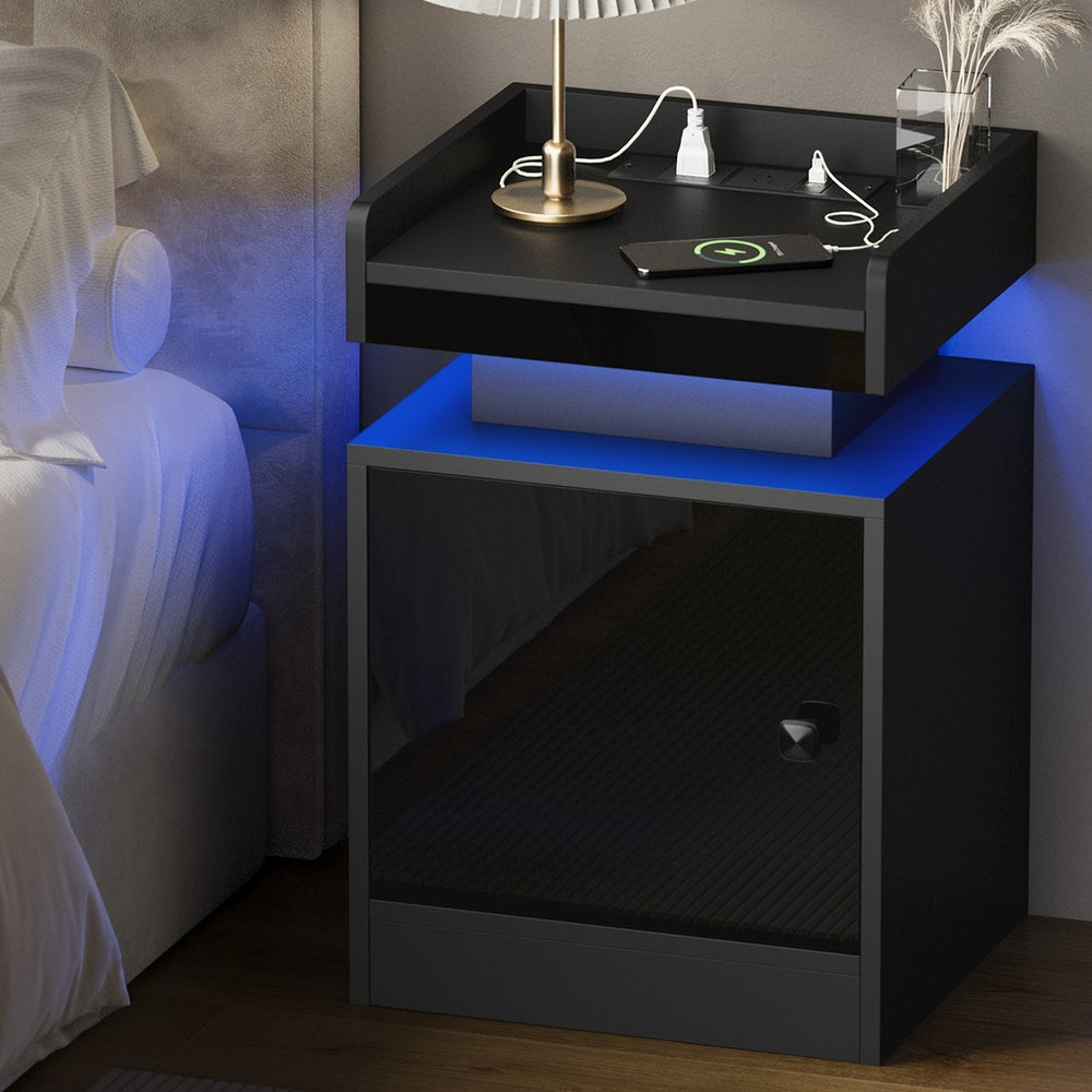 LED Bedside Table USB Charging Station Brown