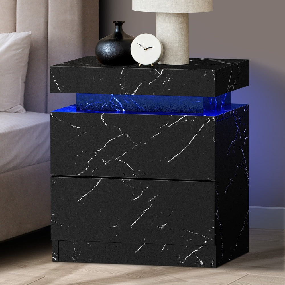 Bedside Table 2 Drawers LED Nightstand Marble Effect Black