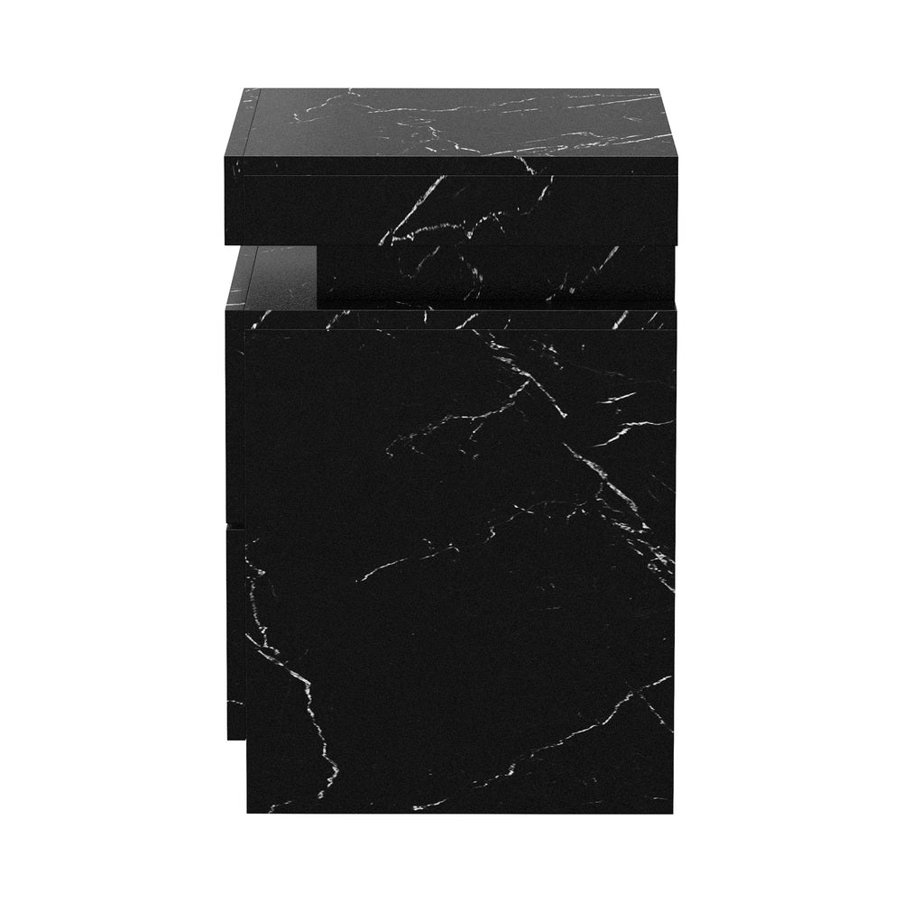 Bedside Table 2 Drawers LED Nightstand Marble Effect Black