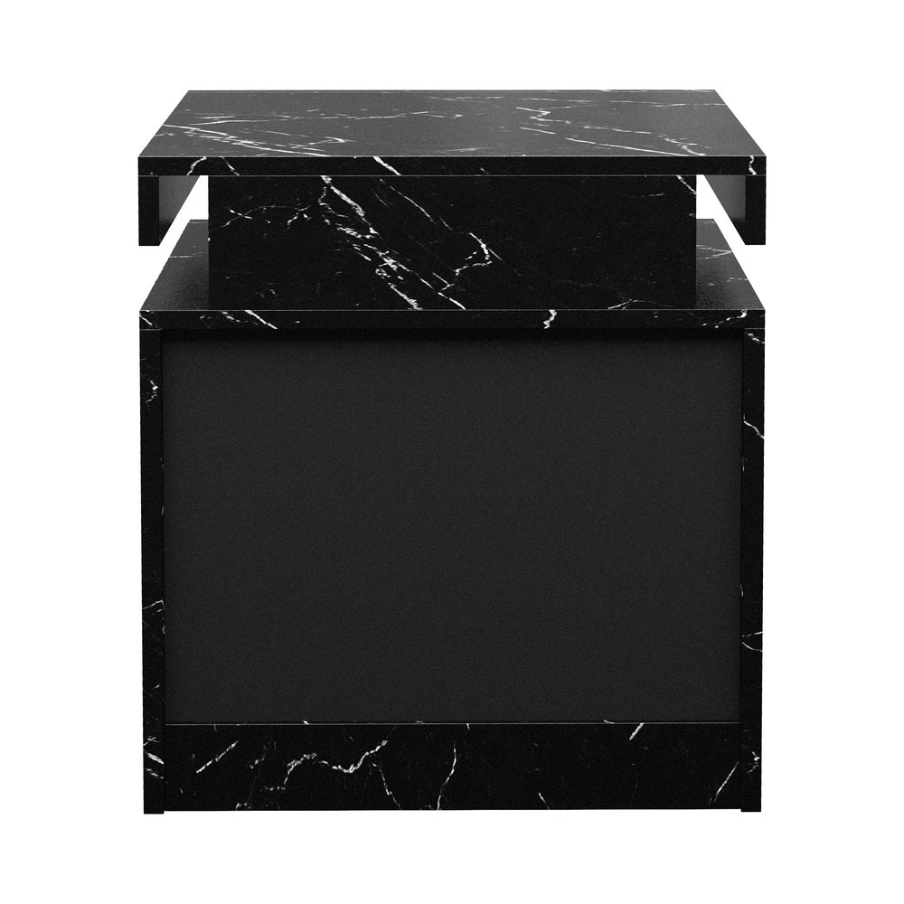 Bedside Table 2 Drawers LED Nightstand Marble Effect Black