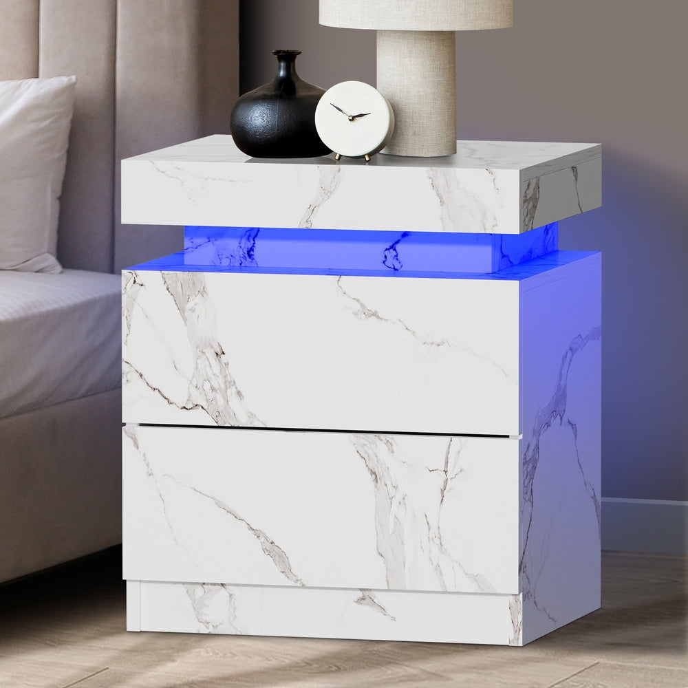 Bedside Table 2 Drawers LED Nightstand Marble Effect White