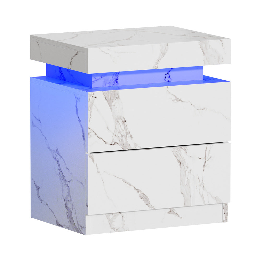 Bedside Table 2 Drawers LED Nightstand Marble Effect White