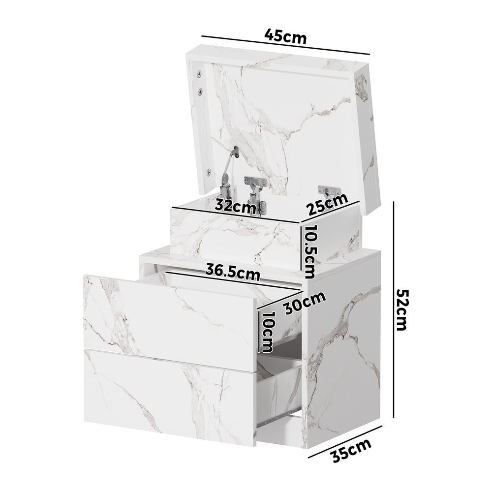 Bedside Table 2 Drawers LED Nightstand Marble Effect White