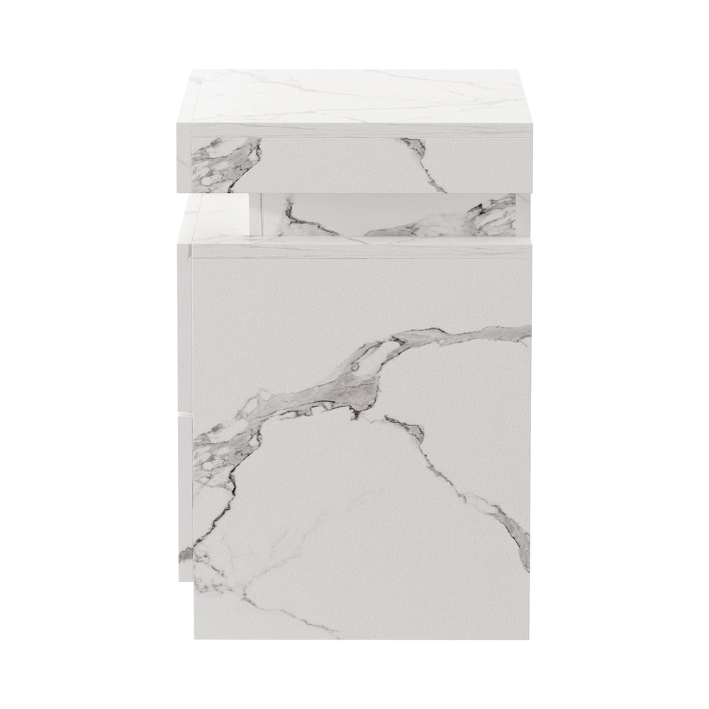 Bedside Table 2 Drawers LED Nightstand Marble Effect White