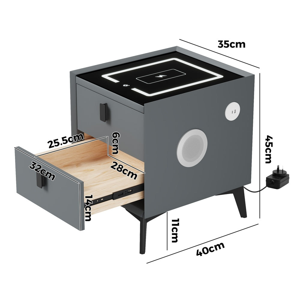 2x Smart Bedside Tables Wireless Charging LED 2 Drawers White