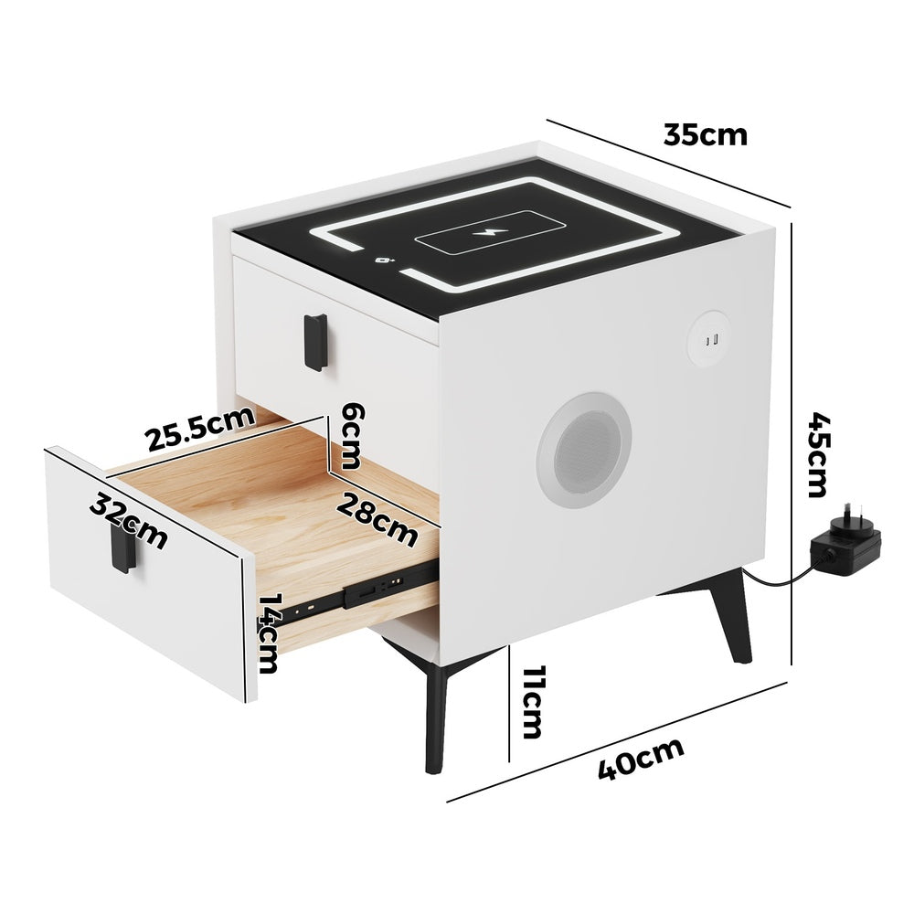 2x Smart Bedside Tables Wireless Charging LED 2 Drawers White
