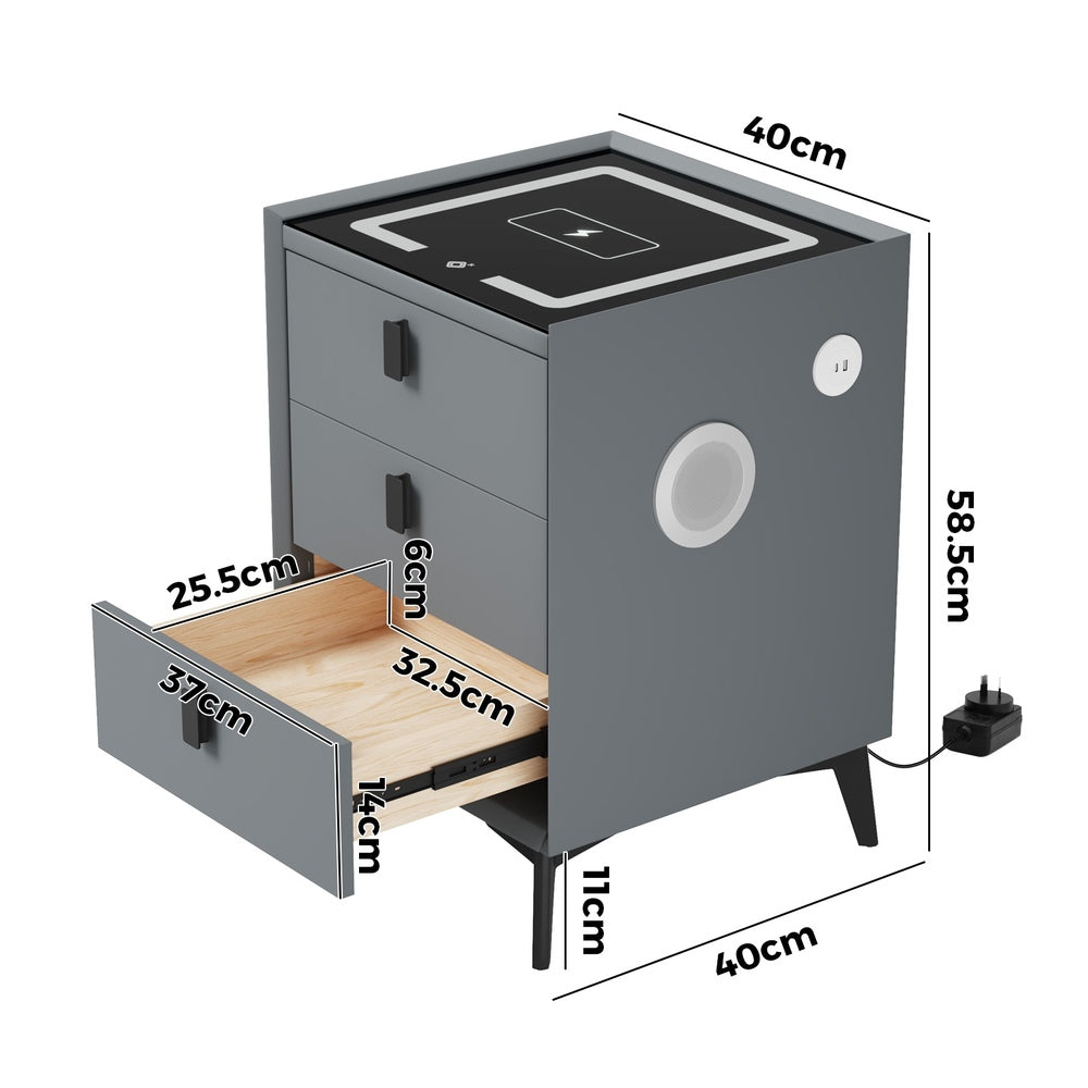 2x Smart Bedside Tables Wireless Charging LED 3 Drawers White