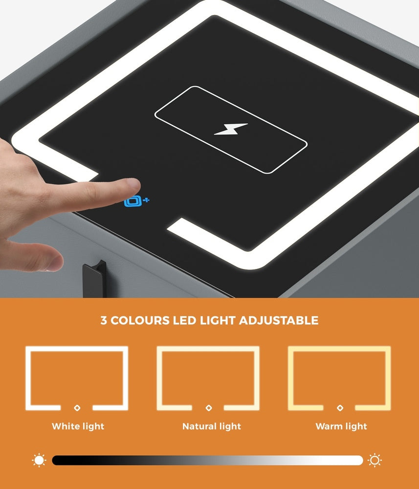 2x Smart Bedside Tables Wireless Charging LED 3 Drawers Grey