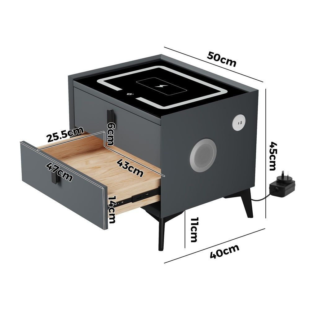 Smart Bedside Table Wireless Charging LED 2 Drawers Grey