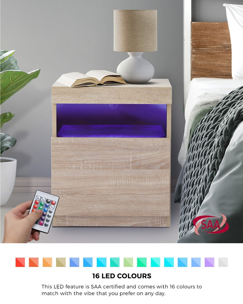 Bedside Table LED Nightstand Shelf Natural