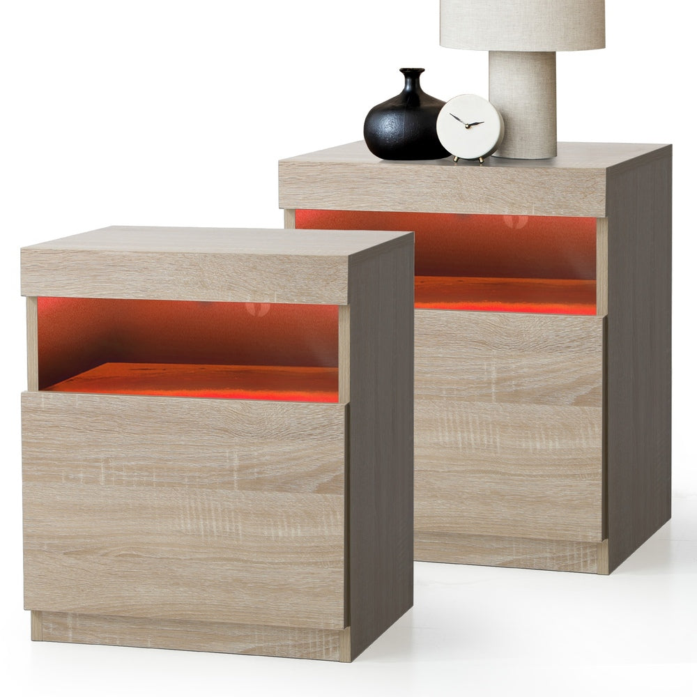 Bedside Tables Set of 2 LED Nightstand Shelf Natural