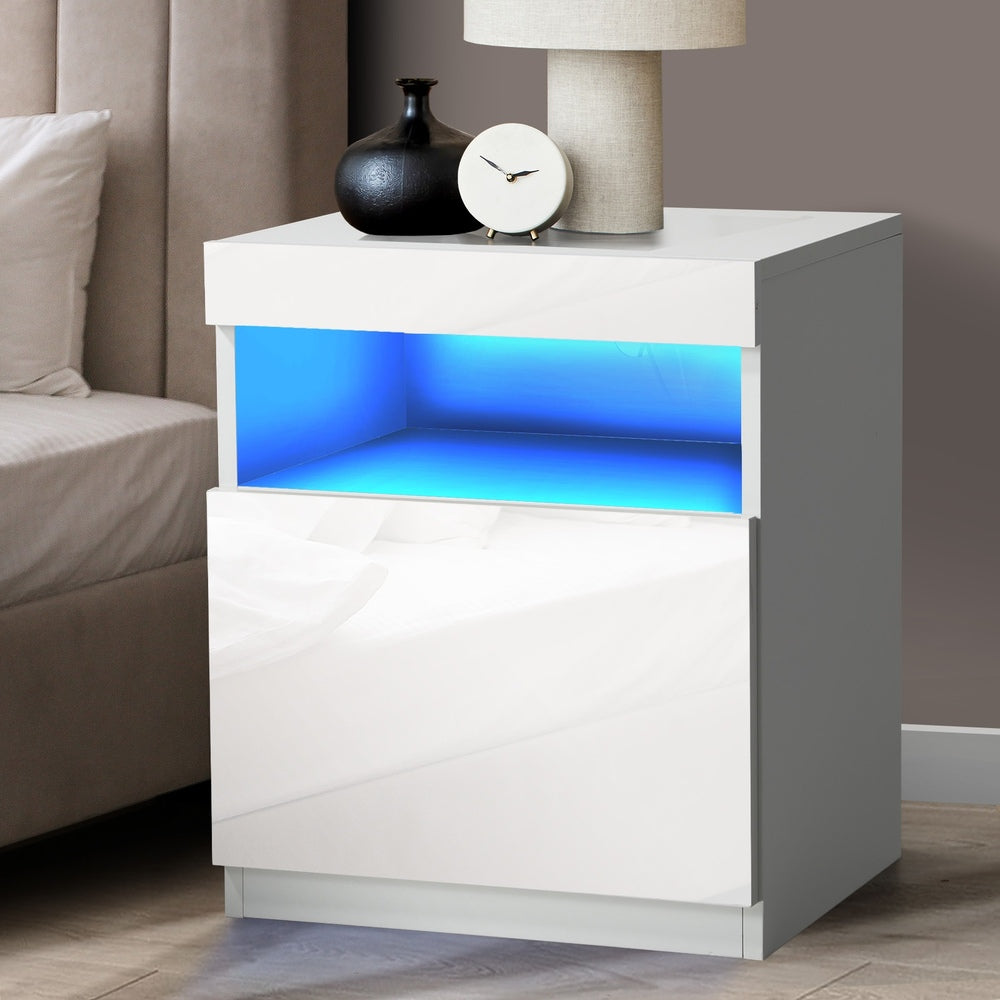 Bedside Table LED Shelf High-gloss Front White