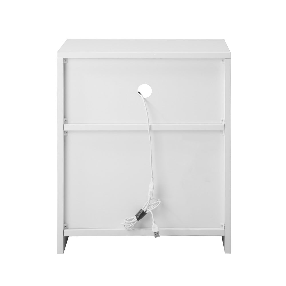 Bedside Table LED Shelf High-gloss Front White