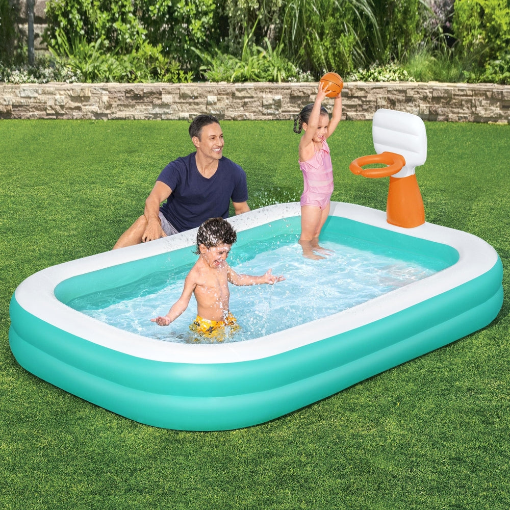 Kids Inflatable Pool w/ Basketball Hoop 251x168cm