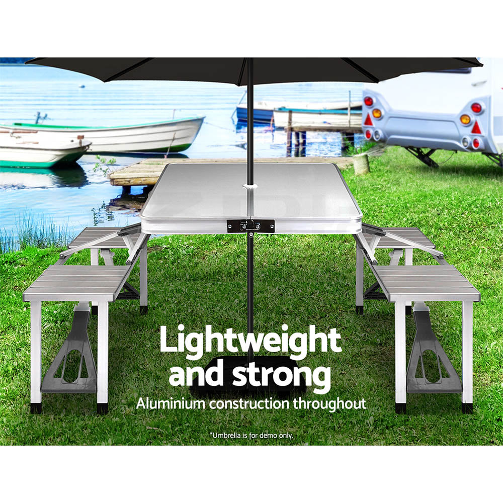 Folding Camping Table Set w/ 2 Bench Chairs Outdoor BBQ