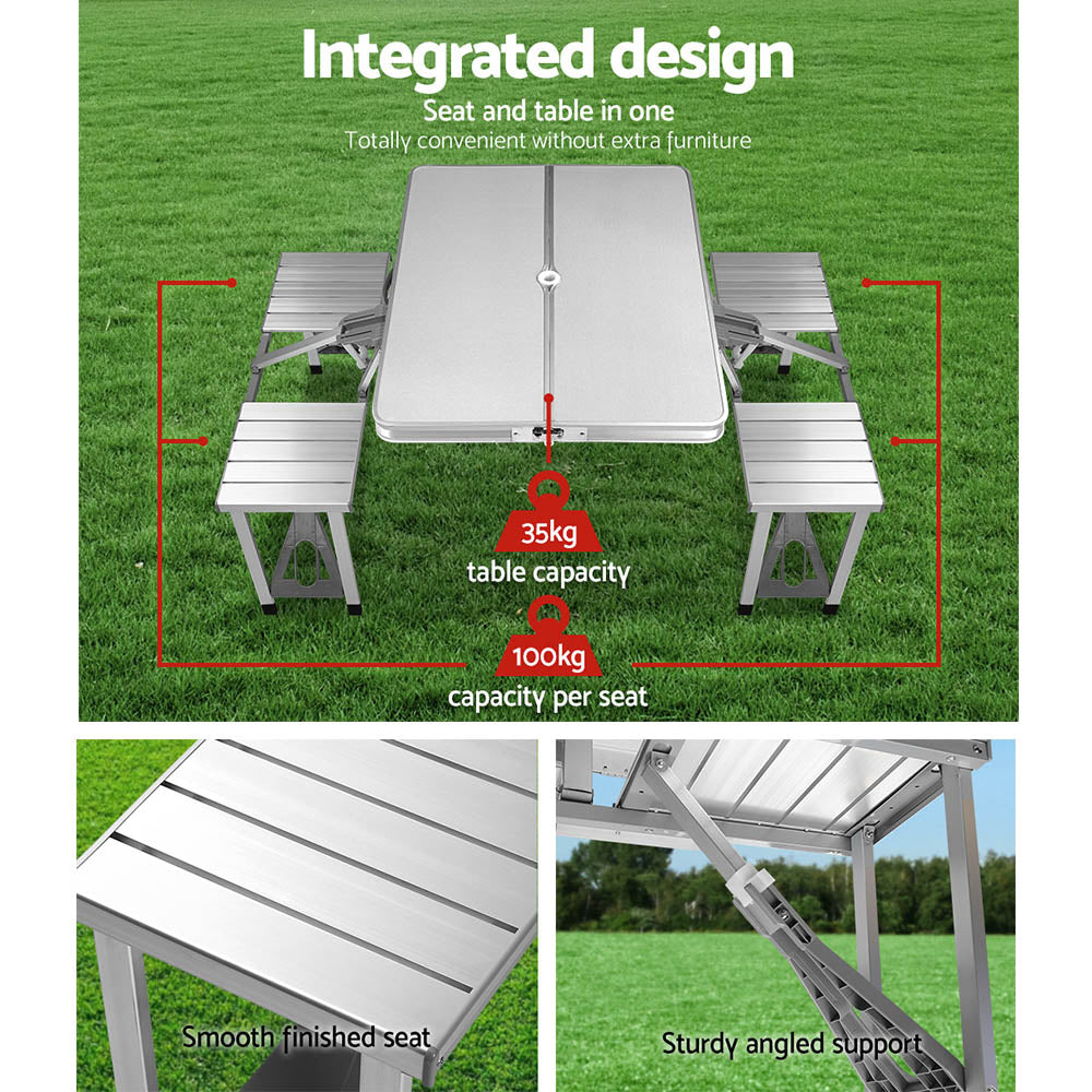 Folding Camping Table Set w/ 2 Bench Chairs Outdoor BBQ