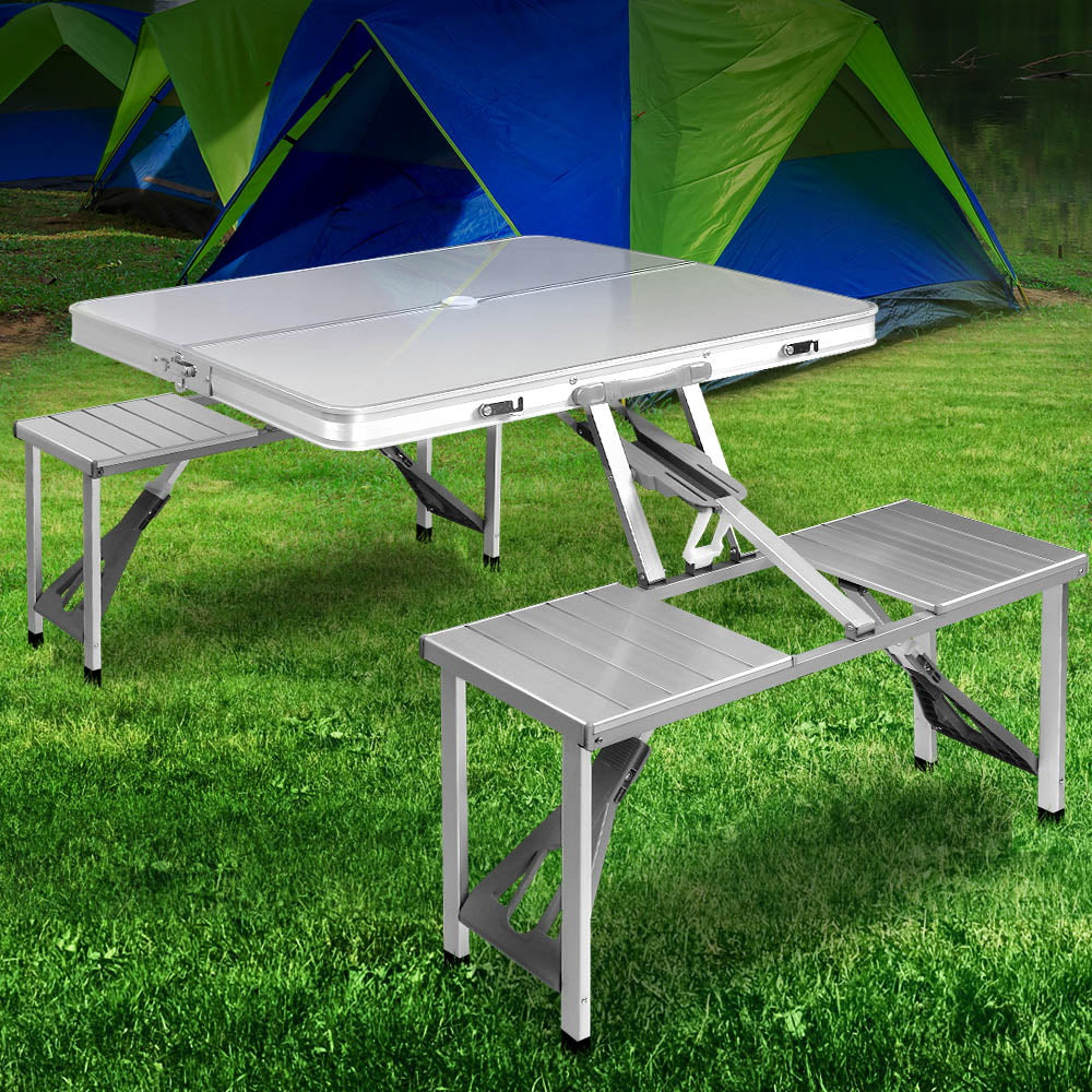 Folding Camping Table Set w/ 2 Bench Chairs Outdoor BBQ