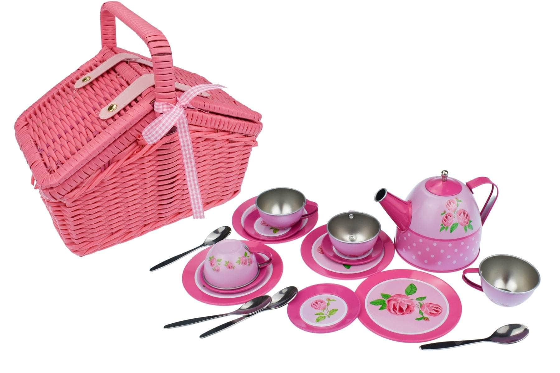 Rose Tin Tea Set In Picnic Basket 18Pcs