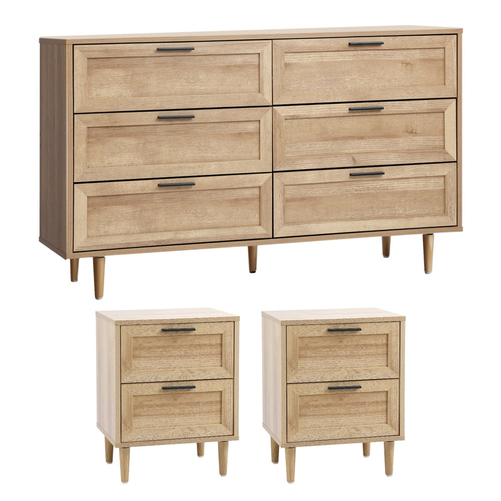 6 Chest of Drawers and 2 Bedside Tables Bedroom Set Natural