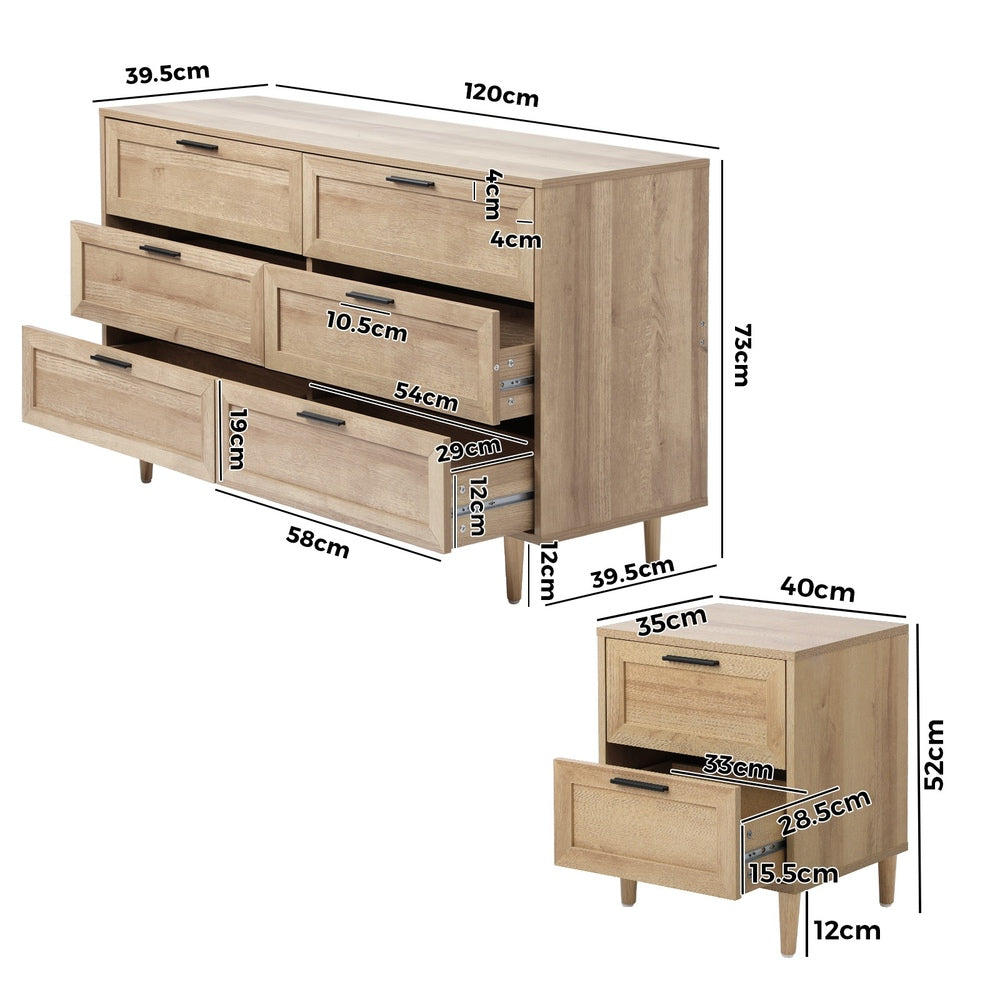 6 Chest of Drawers and 2 Bedside Tables Bedroom Set Natural