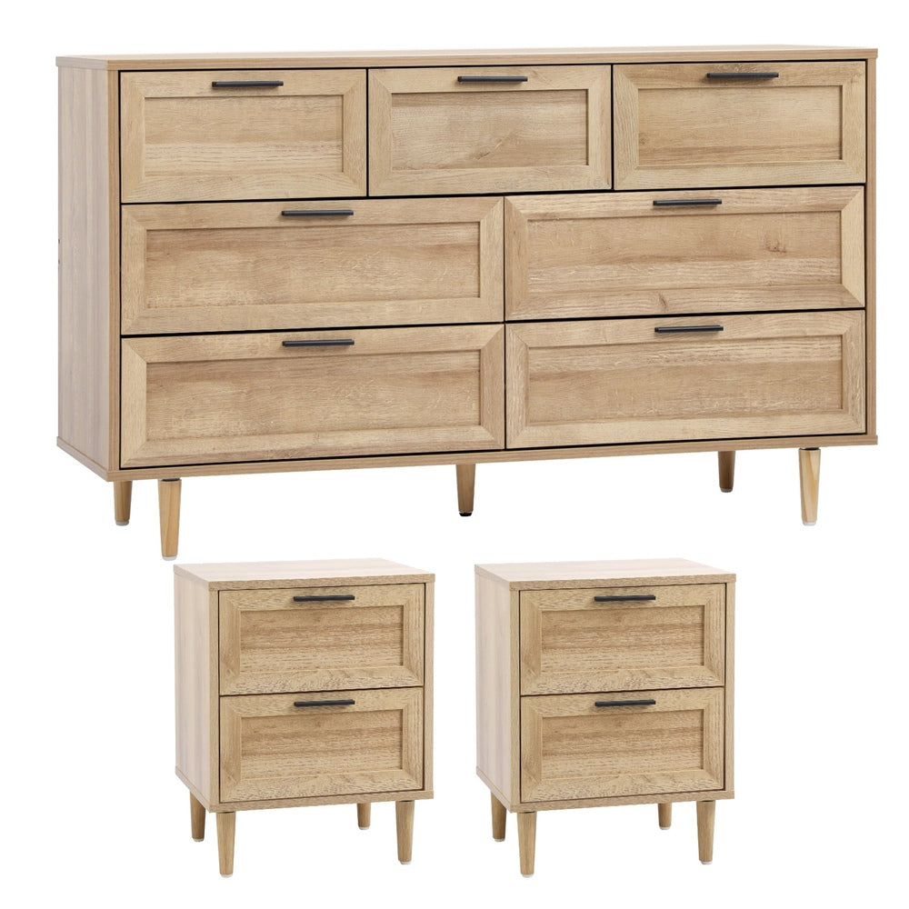 7 Chest of Drawers and 2 Bedside Tables Bedroom Set Natural