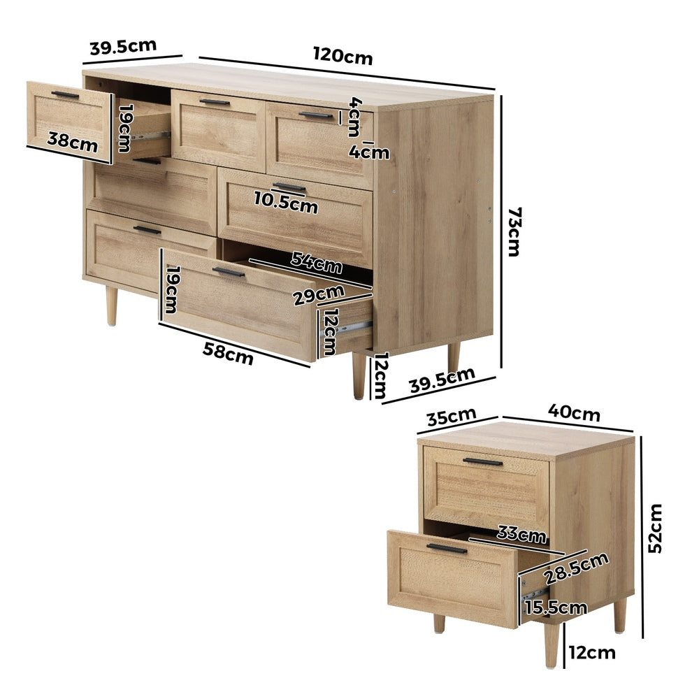 7 Chest of Drawers and 2 Bedside Tables Bedroom Set Natural