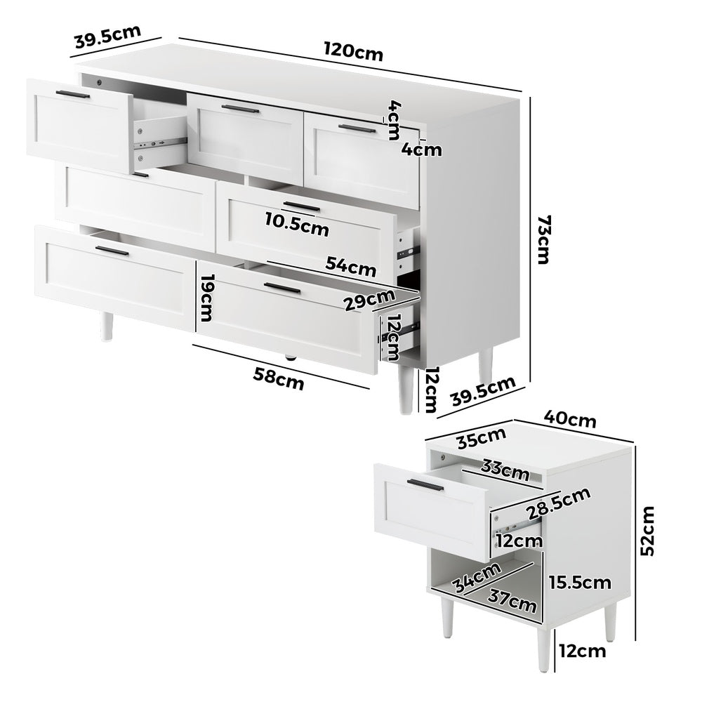 Bedroom Set 7 Chest of Drawers and 2 Bedside Tables White