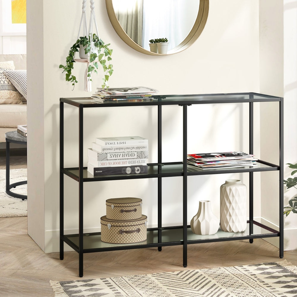 Console Table Tempered Glass 3 Shelves Black